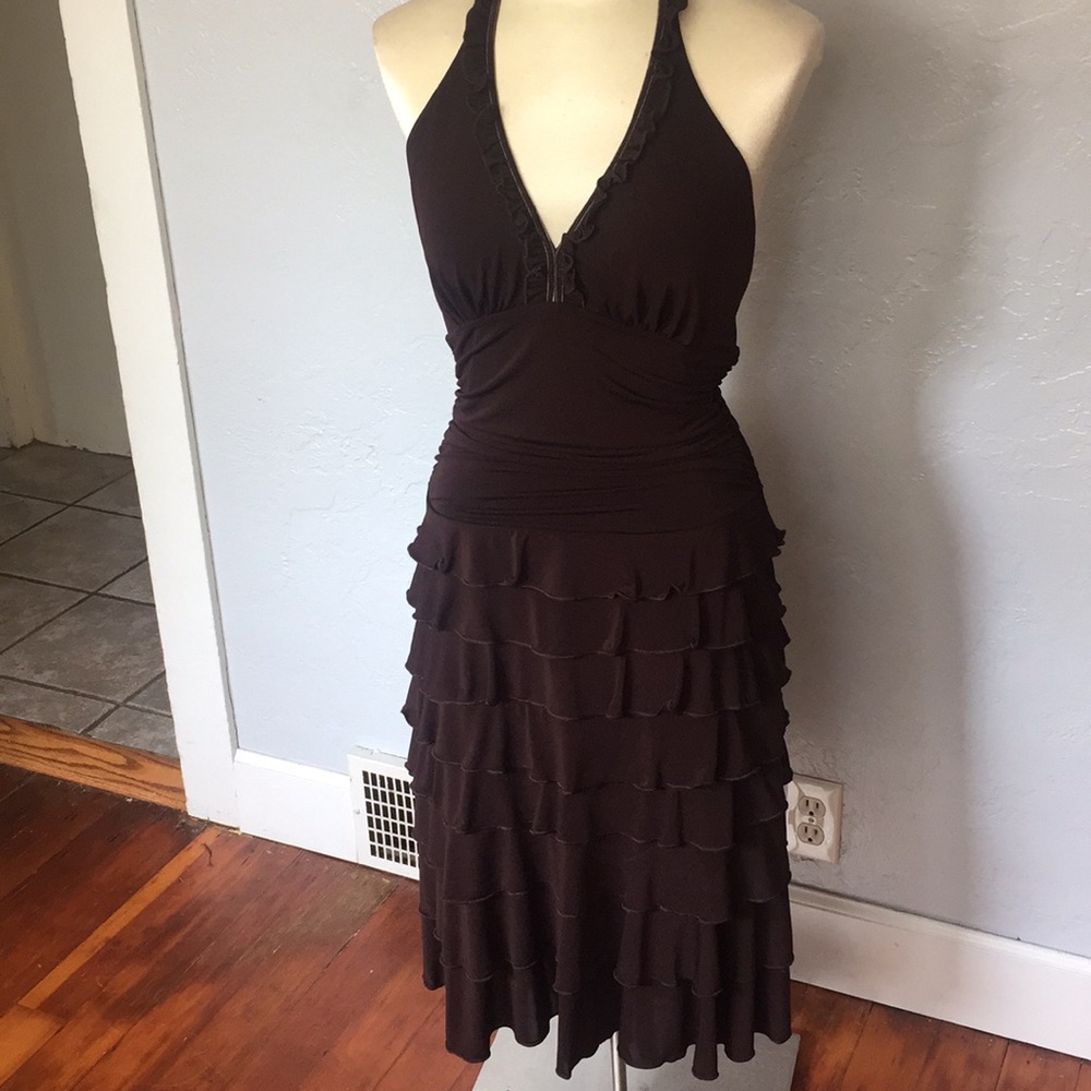 BCBG Maxazria Brown Ruffle Tiered Halter Dress, M